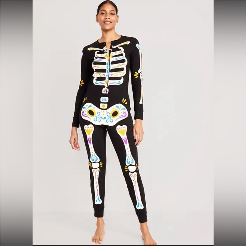 Old Navy Sugar Skull Skeleton One Piece Onesie Jumpsuit Women Size Medium Petite